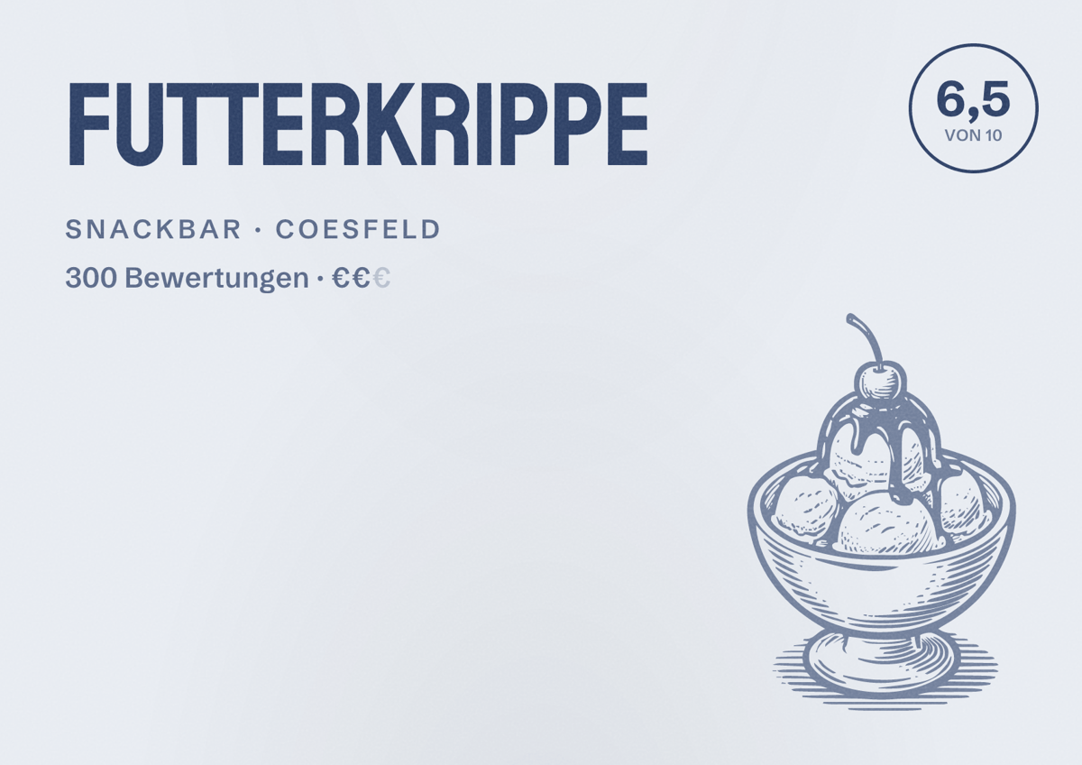 Illustriertes Poster von Futterkrippe, Snackbar in Coesfeld: Bewertung 6,5 von 10 aus 300 Bewertungen, Preisniveau €€