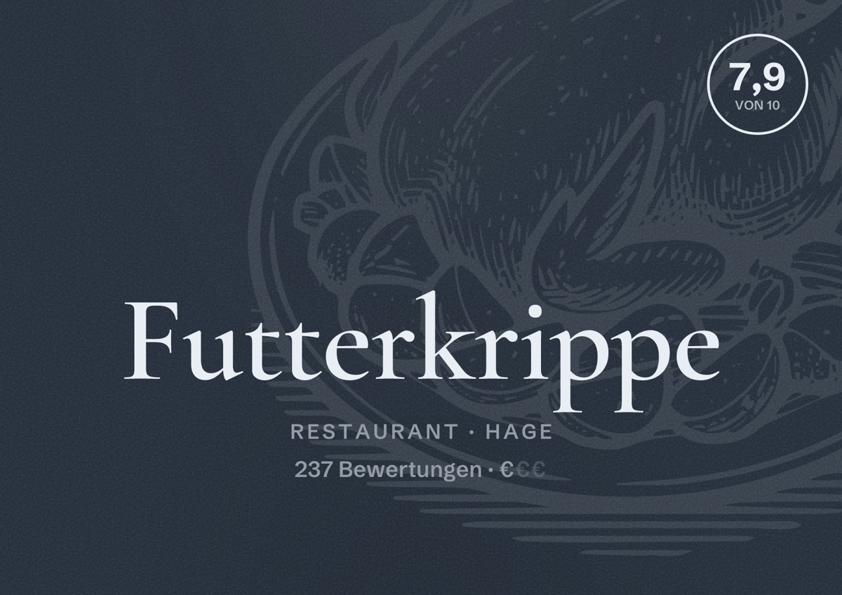 Illustriertes Poster von Futterkrippe, Restaurant in Hage: Bewertung 7,9 von 10 aus 237 Bewertungen, Preisniveau €