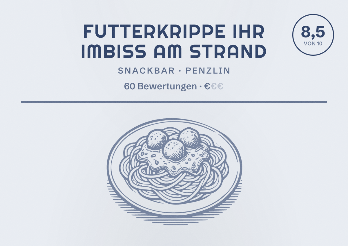 Illustriertes Poster von Futterkrippe Ihr Imbiss am Strand, Snackbar in Penzlin: Bewertung 8,5 von 10 aus 60 Bewertungen, Preisniveau €