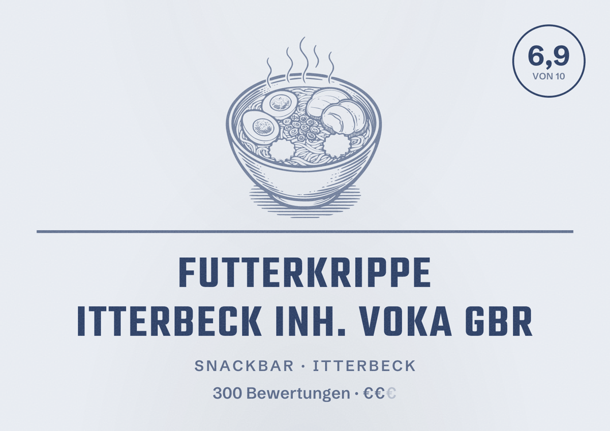 Illustriertes Poster von Futterkrippe Itterbeck Inh. VoKa Gbr, Snackbar in Itterbeck: Bewertung 6,9 von 10 aus 300 Bewertungen, Preisniveau €€