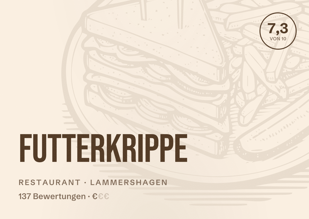 Illustriertes Poster von Futterkrippe, Restaurant in Lammershagen: Bewertung 7,3 von 10 aus 137 Bewertungen, Preisniveau €