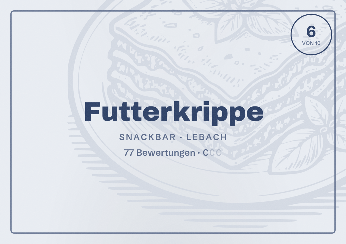 Illustriertes Poster von Futterkrippe, Snackbar in Lebach: Bewertung 6 von 10 aus 77 Bewertungen, Preisniveau €