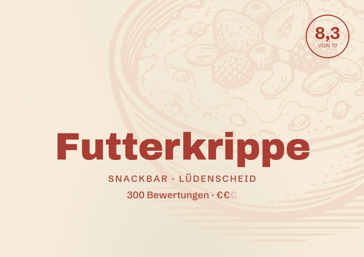 Illustriertes Poster von Futterkrippe, Snackbar in Lüdenscheid: Bewertung 8,3 von 10 aus 300 Bewertungen, Preisniveau €€