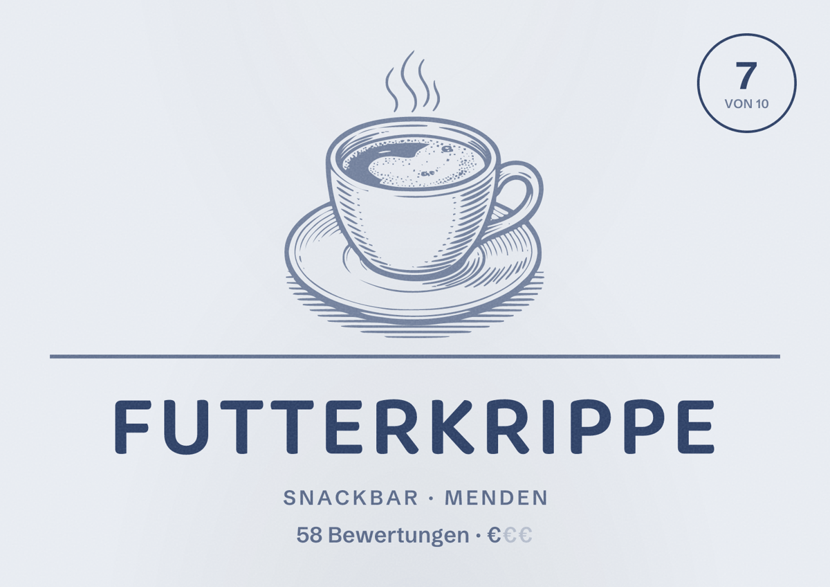 Illustriertes Poster von Futterkrippe, Snackbar in Menden: Bewertung 7 von 10 aus 58 Bewertungen, Preisniveau €