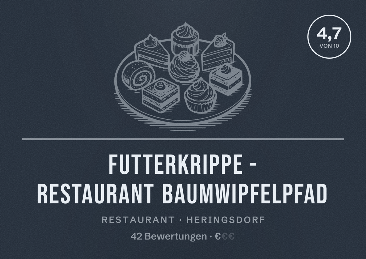 Illustriertes Poster von Futterkrippe - Restaurant Baumwipfelpfad, Restaurant in Heringsdorf: Bewertung 4,7 von 10 aus 42 Bewertungen, Preisniveau €