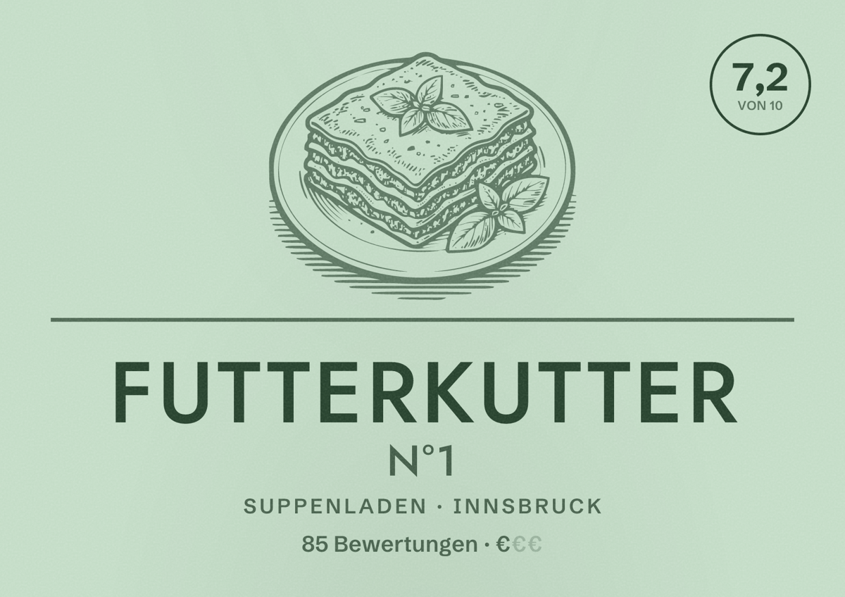 Illustriertes Poster von Futterkutter N°1, Suppenladen in Innsbruck: Bewertung 7,2 von 10 aus 85 Bewertungen, Preisniveau €