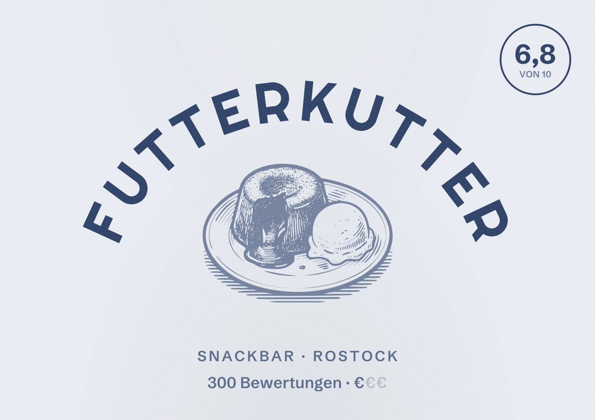 Illustriertes Poster von Futterkutter, Snackbar in Rostock: Bewertung 6,8 von 10 aus 300 Bewertungen, Preisniveau €
