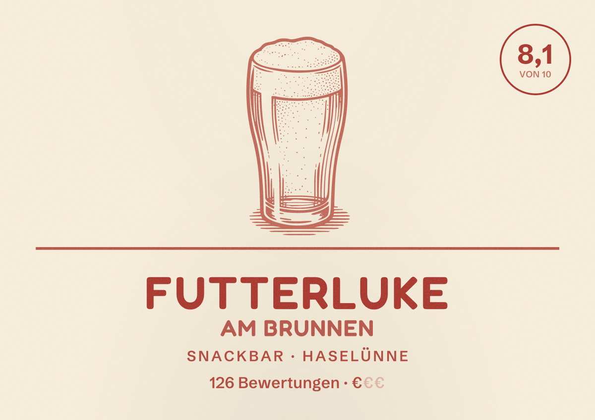 Illustriertes Poster von Futterluke am Brunnen, Snackbar in Haselünne: Bewertung 8,1 von 10 aus 126 Bewertungen, Preisniveau €