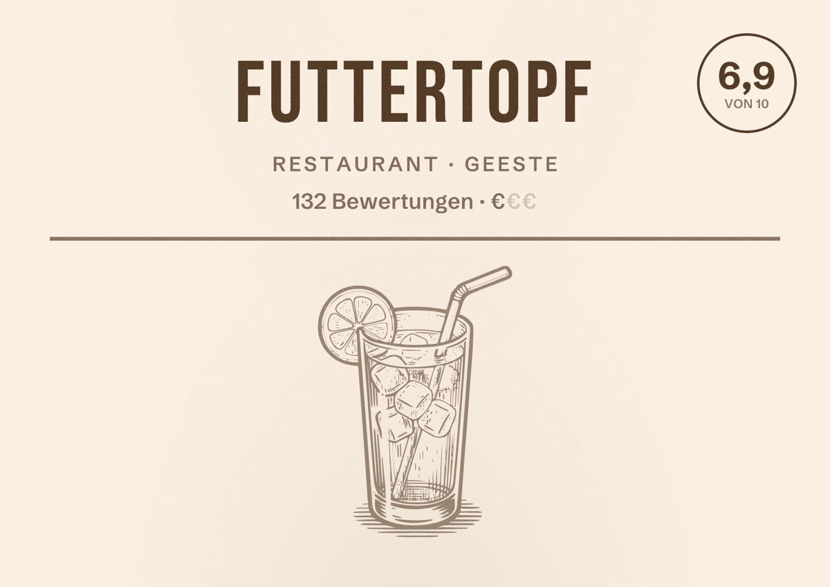 Illustriertes Poster von Futtertopf, Restaurant in Geeste: Bewertung 6,9 von 10 aus 132 Bewertungen, Preisniveau €