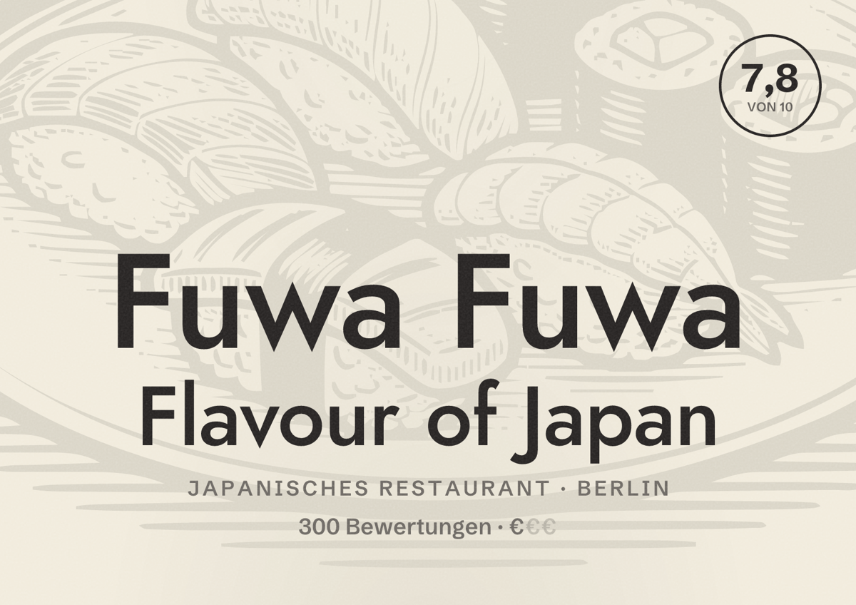 Illustriertes Poster von Fuwa Fuwa Flavour of Japan, Japanisches Restaurant in Berlin: Bewertung 7,8 von 10 aus 300 Bewertungen, Preisniveau €