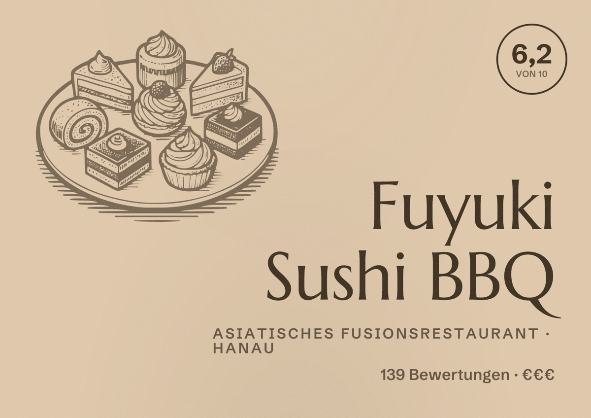 Illustriertes Poster von Fuyuki Sushi BBQ, Asiatisches Fusionsrestaurant in Hanau: Bewertung 6,2 von 10 aus 139 Bewertungen, Preisniveau €€€