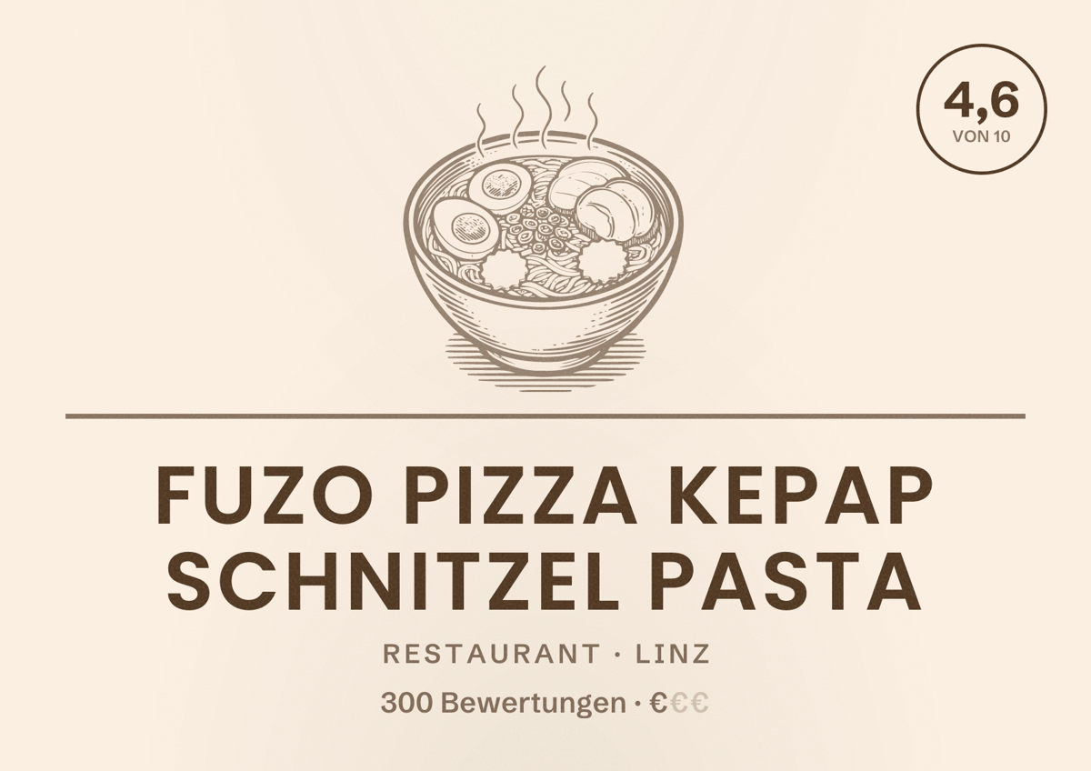 Illustriertes Poster von Fuzo Pizza Kepap Schnitzel Pasta, Restaurant in Linz: Bewertung 4,6 von 10 aus 300 Bewertungen, Preisniveau €