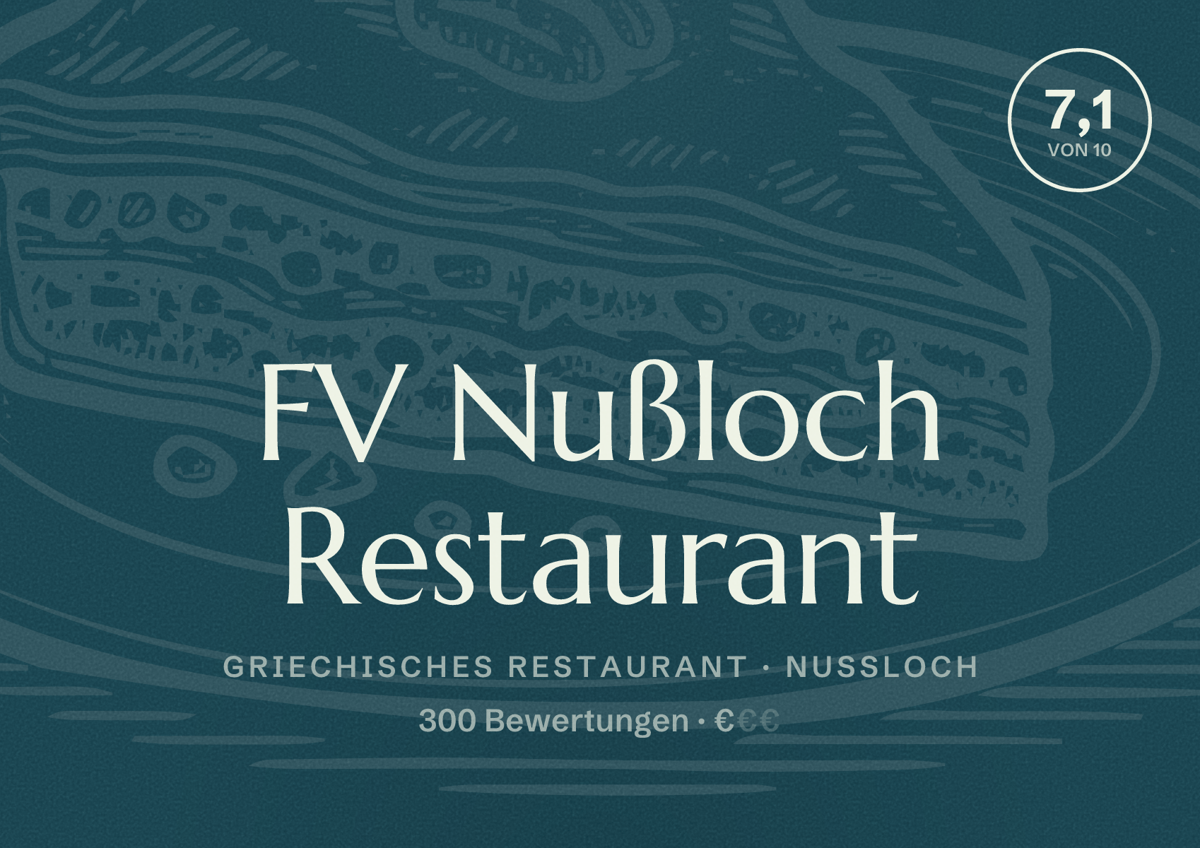 Illustriertes Poster von FV Nußloch Restaurant, Griechisches Restaurant in Nußloch: Bewertung 7,1 von 10 aus 300 Bewertungen, Preisniveau €