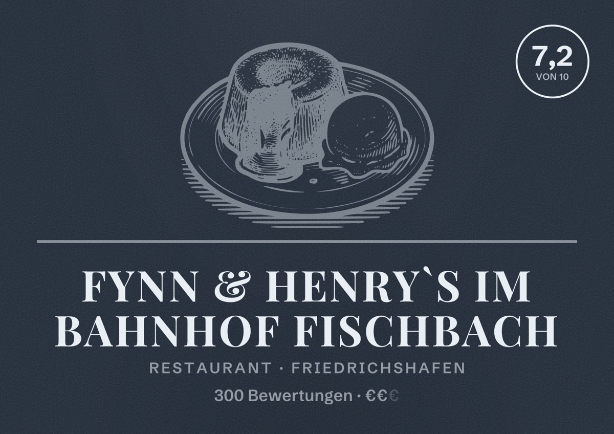 Illustriertes Poster von Fynn & Henry`s im Bahnhof Fischbach, Restaurant in Friedrichshafen: Bewertung 7,2 von 10 aus 300 Bewertungen, Preisniveau €€