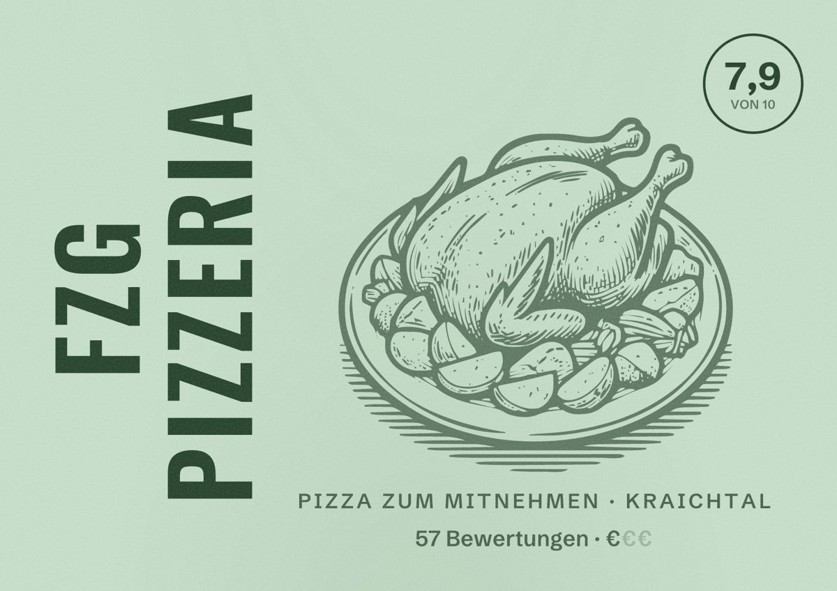 Illustriertes Poster von FZG Pizzeria, Pizza zum Mitnehmen in Kraichtal: Bewertung 7,9 von 10 aus 57 Bewertungen, Preisniveau €