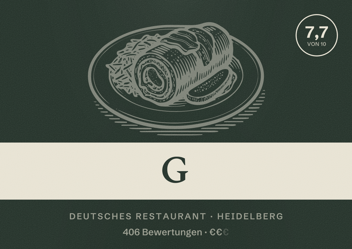 Illustriertes Poster von G, Deutsches Restaurant in Heidelberg: Bewertung 7,7 von 10 aus 406 Bewertungen, Preisniveau €€
