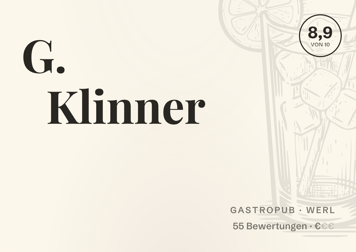 Illustriertes Poster von G. Klinner, Gastropub in Werl: Bewertung 8,9 von 10 aus 55 Bewertungen, Preisniveau €
