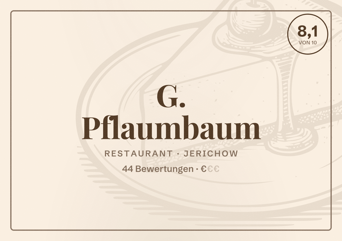 Illustriertes Poster von G. Pflaumbaum, Restaurant in Jerichow: Bewertung 8,1 von 10 aus 44 Bewertungen, Preisniveau €
