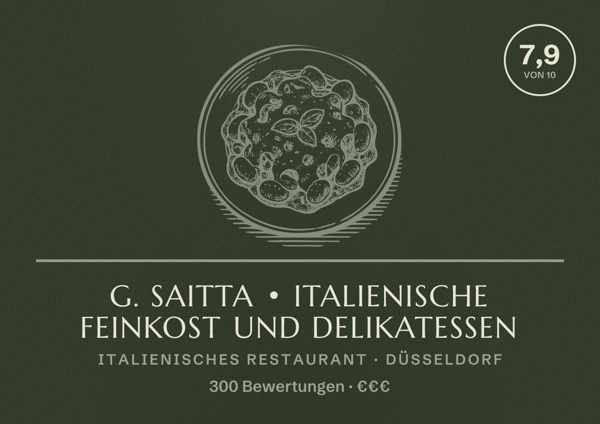 Illustriertes Poster von G. Saitta • Italienische Feinkost und Delikatessen, Italienisches Restaurant in Düsseldorf: Bewertung 7,9 von 10 aus 300 Bewertungen, Preisniveau €€€