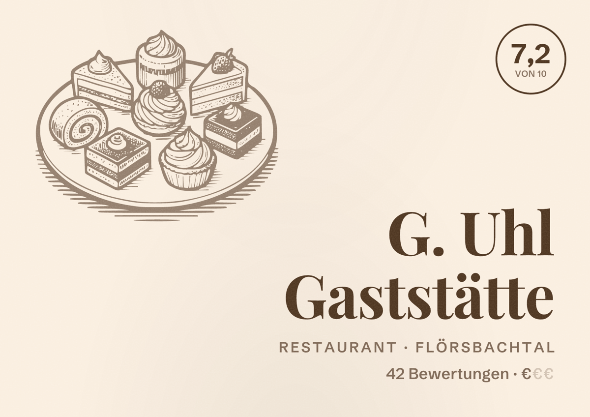 Illustriertes Poster von G. Uhl Gaststätte, Restaurant in Flörsbachtal: Bewertung 7,2 von 10 aus 42 Bewertungen, Preisniveau €