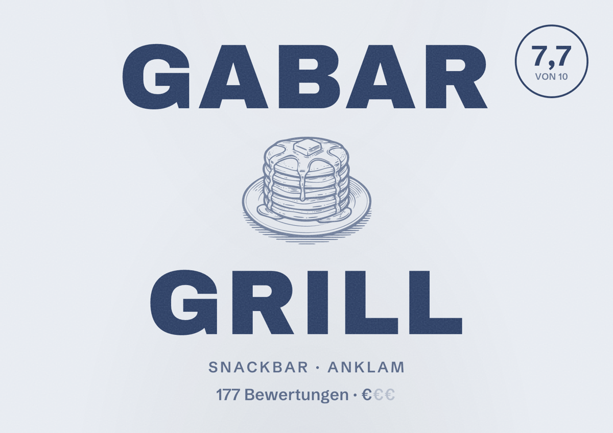 Illustriertes Poster von Gabar Grill, Snackbar in Anklam: Bewertung 7,7 von 10 aus 177 Bewertungen, Preisniveau €