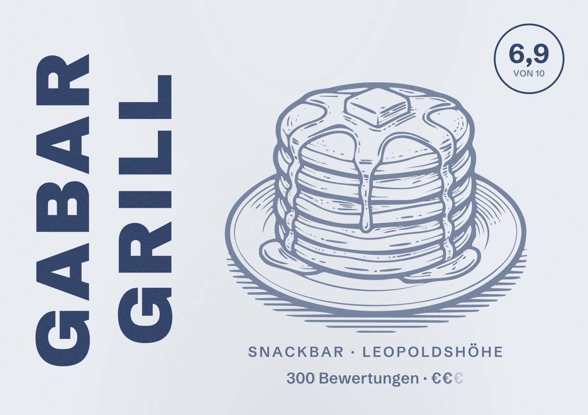 Illustriertes Poster von Gabar Grill, Snackbar in Leopoldshöhe: Bewertung 6,9 von 10 aus 300 Bewertungen, Preisniveau €€