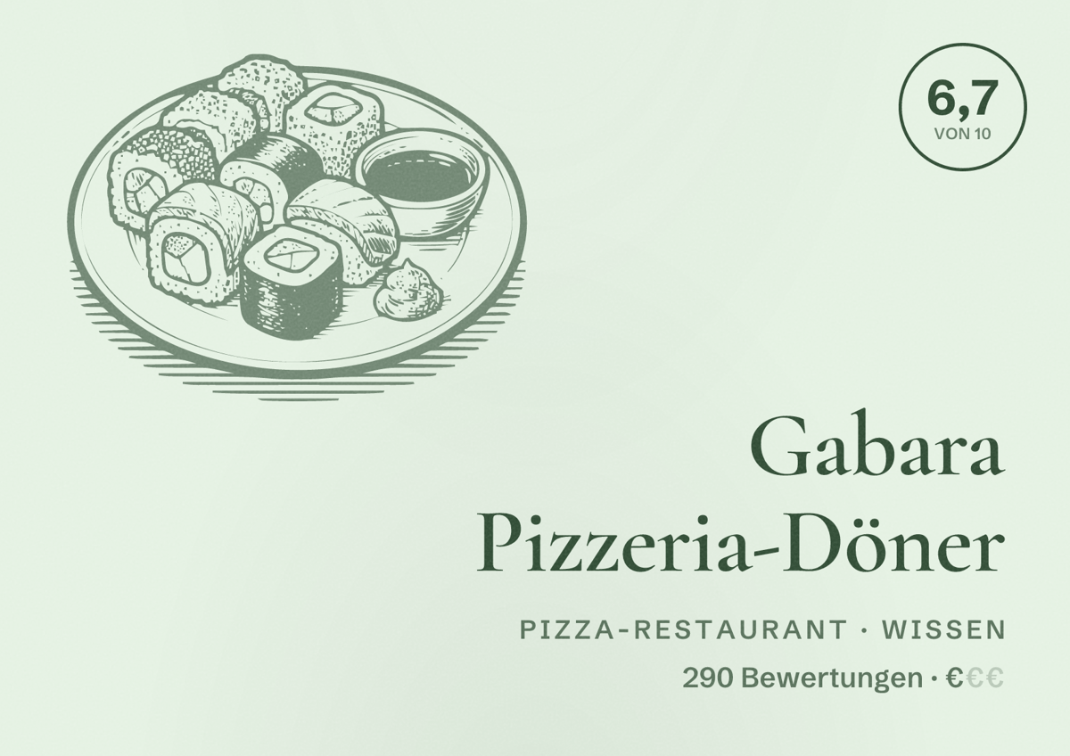 Illustriertes Poster von Gabara Pizzeria-Döner, Pizza-Restaurant in Wissen: Bewertung 6,7 von 10 aus 290 Bewertungen, Preisniveau €