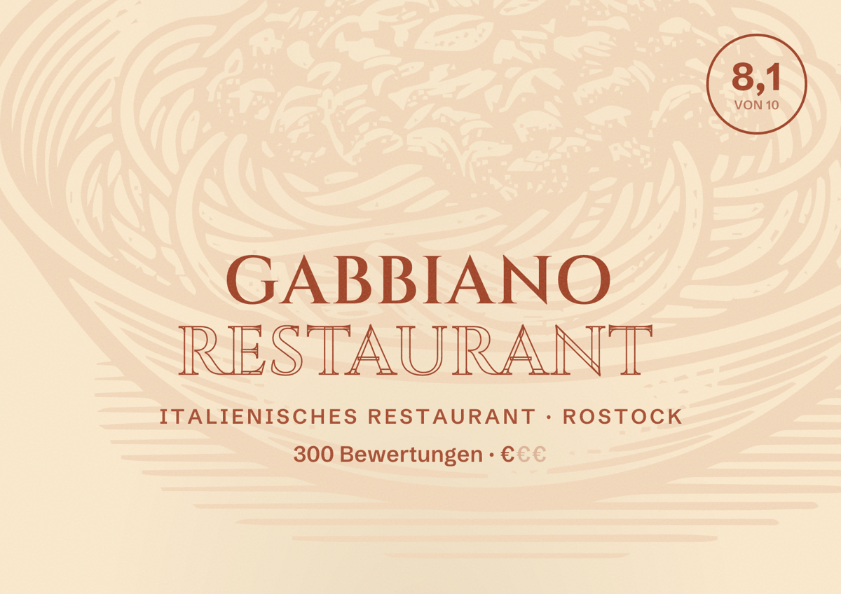 Illustriertes Poster von Gabbiano Restaurant, Italienisches Restaurant in Rostock: Bewertung 8,1 von 10 aus 300 Bewertungen, Preisniveau €