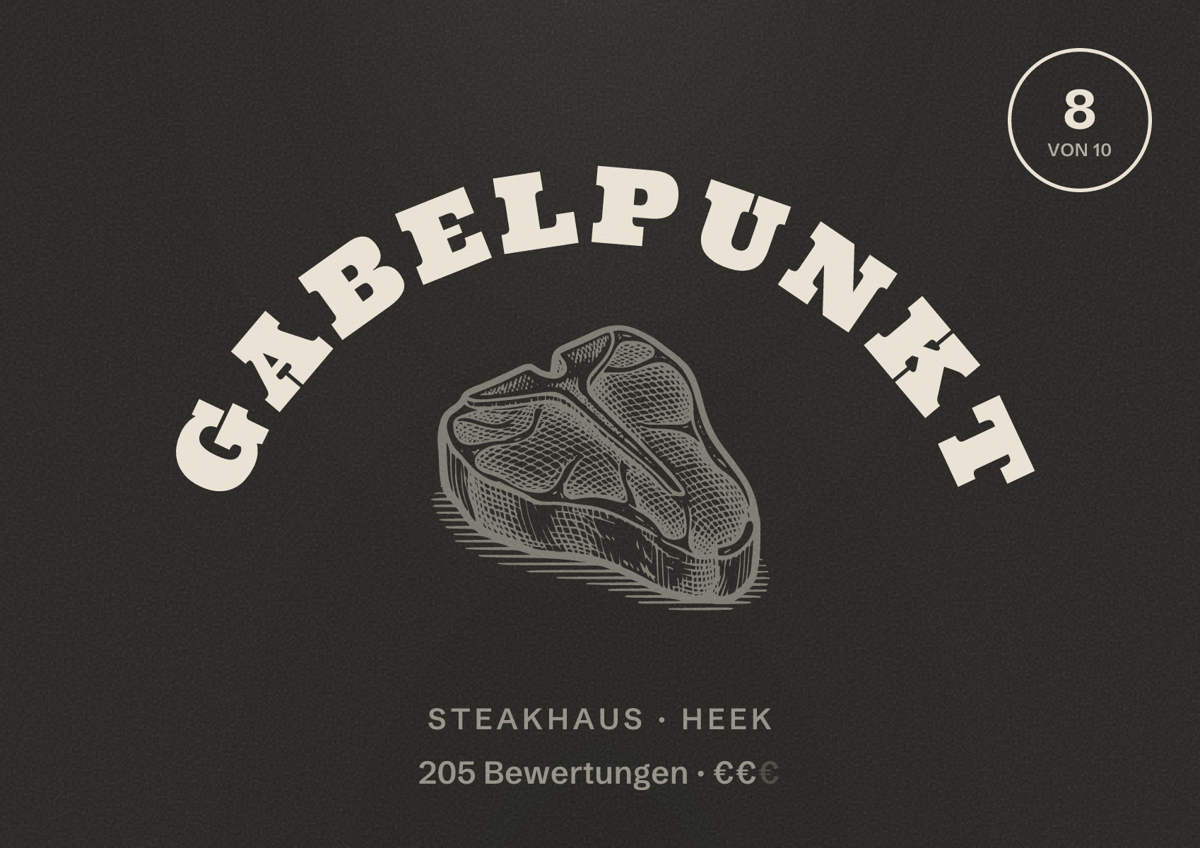 Illustriertes Poster von Gabelpunkt, Steakhaus in Heek: Bewertung 8 von 10 aus 205 Bewertungen, Preisniveau €€