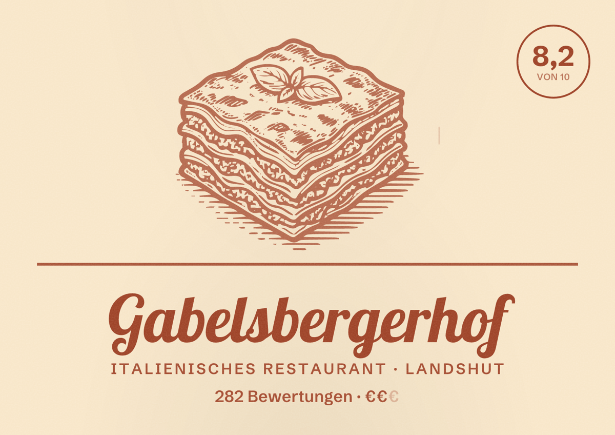 Illustriertes Poster von Gabelsbergerhof, Italienisches Restaurant in Landshut: Bewertung 8,2 von 10 aus 282 Bewertungen, Preisniveau €€