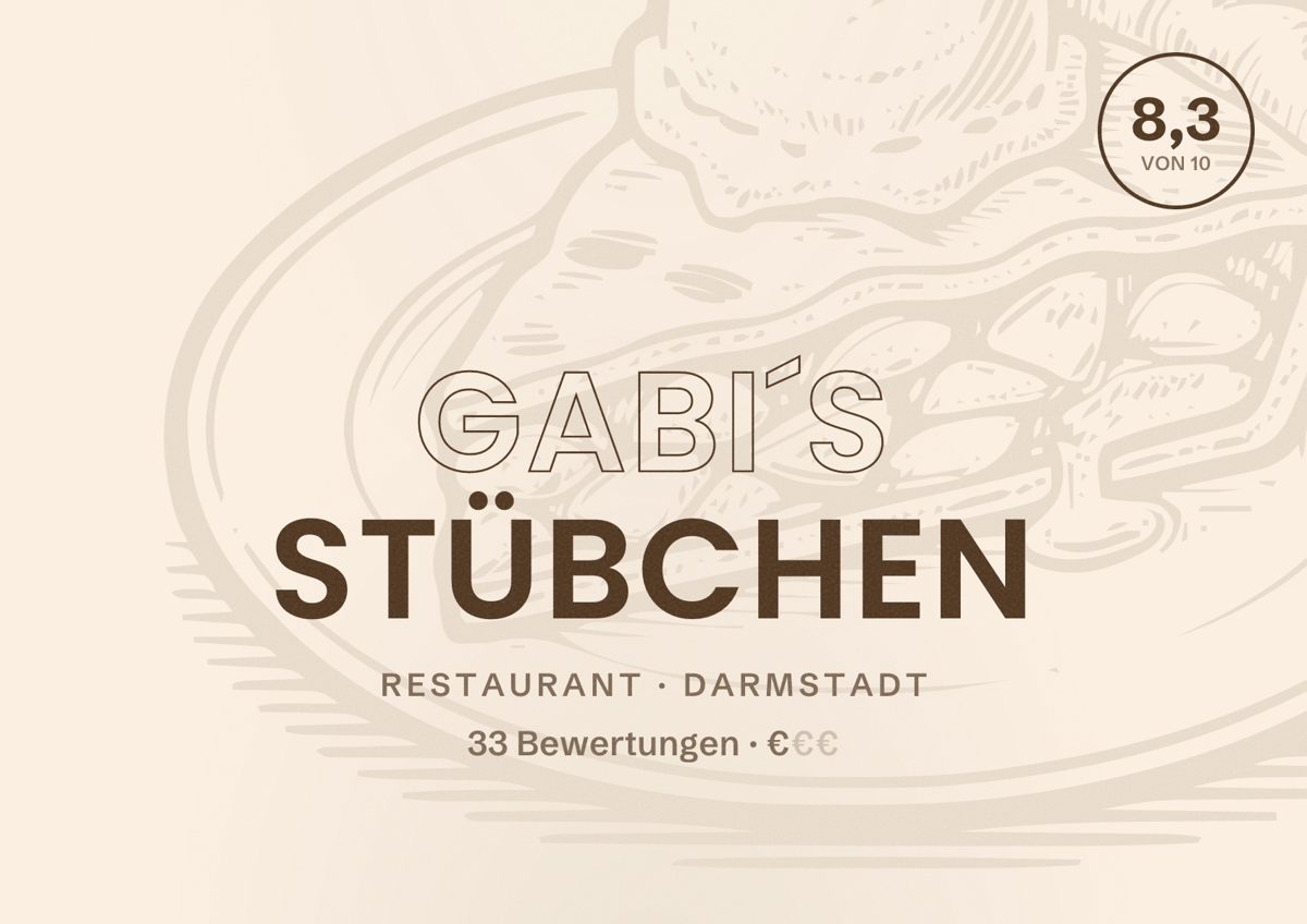 Illustriertes Poster von Gabi´s Stübchen, Restaurant in Darmstadt: Bewertung 8,3 von 10 aus 33 Bewertungen, Preisniveau €