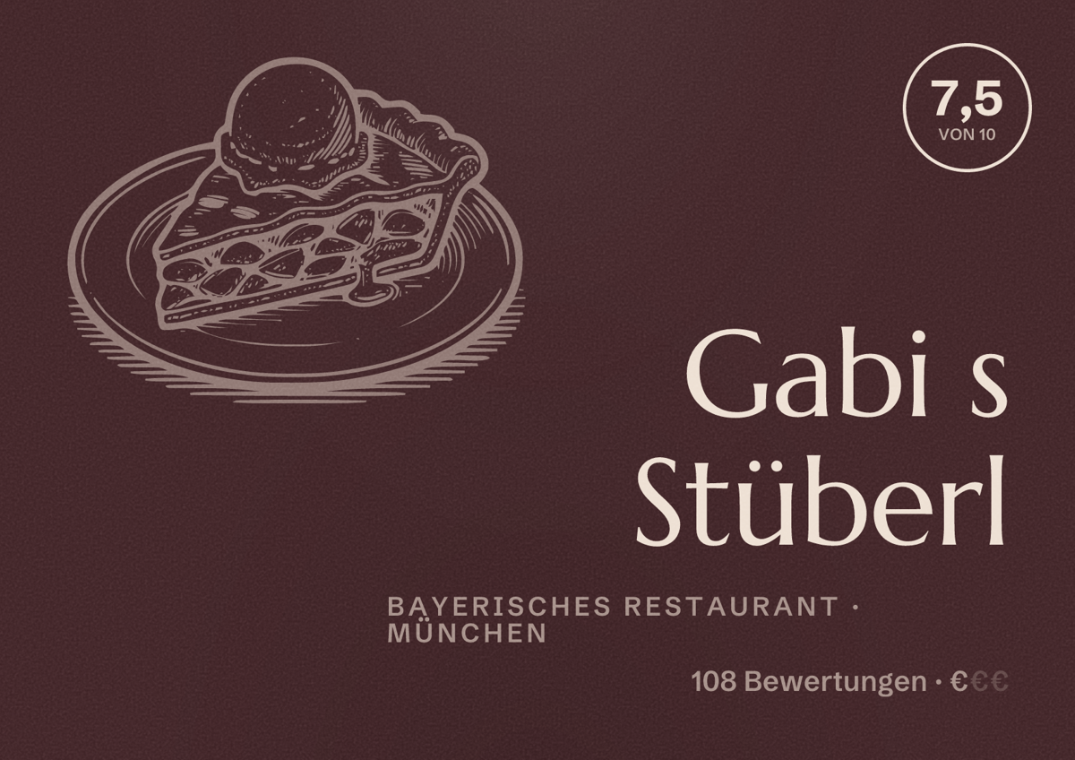 Illustriertes Poster von Gabi s Stüberl, Bayerisches Restaurant in München: Bewertung 7,5 von 10 aus 108 Bewertungen, Preisniveau €