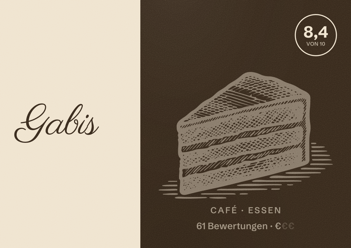 Illustriertes Poster von Gabis, Café in Essen: Bewertung 8,4 von 10 aus 61 Bewertungen, Preisniveau €