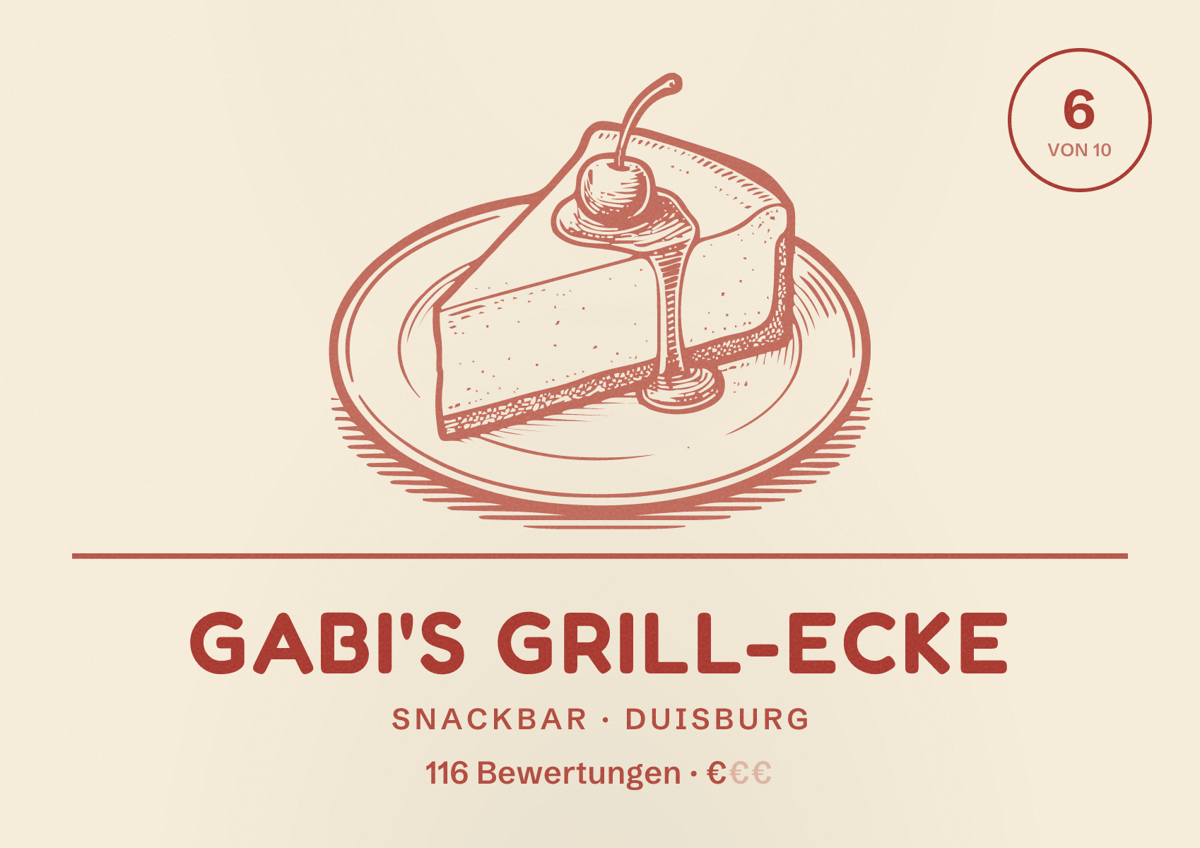 Illustriertes Poster von Gabi's Grill-Ecke, Snackbar in Duisburg: Bewertung 6 von 10 aus 116 Bewertungen, Preisniveau €
