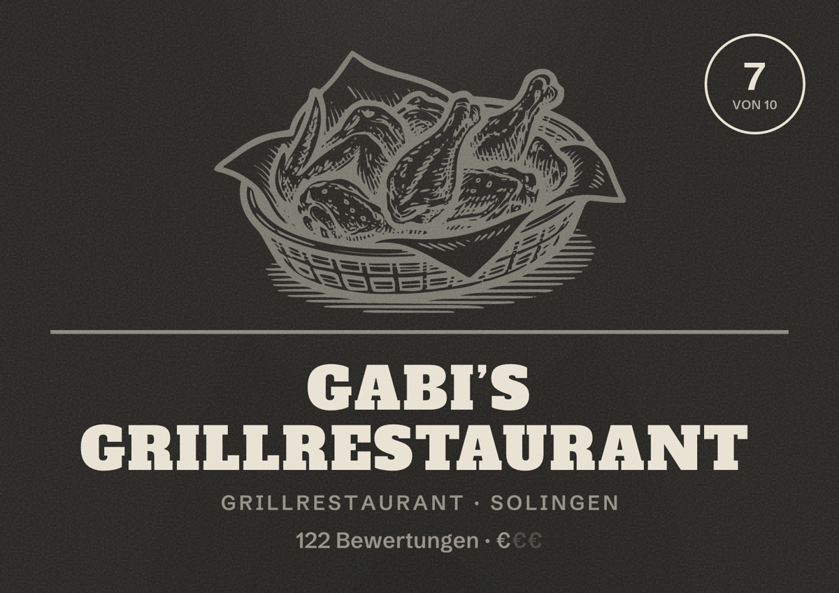 Illustriertes Poster von Gabi’s Grillrestaurant, Grillrestaurant in Solingen: Bewertung 7 von 10 aus 122 Bewertungen, Preisniveau €