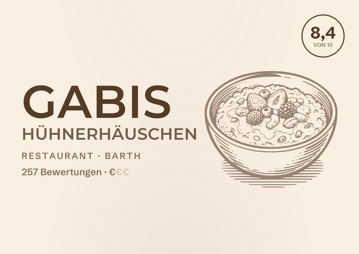 Illustriertes Poster von Gabis Hühnerhäuschen, Restaurant in Barth: Bewertung 8,4 von 10 aus 257 Bewertungen, Preisniveau €
