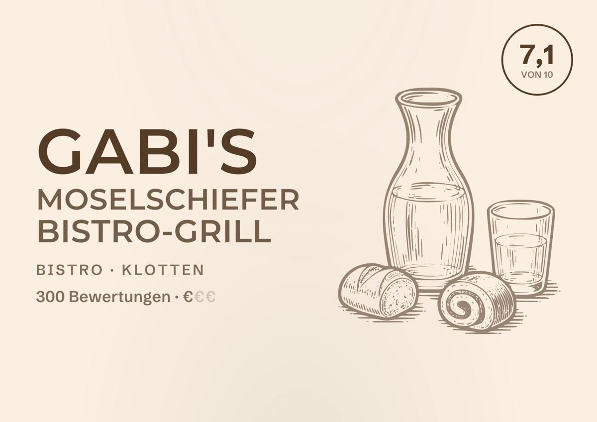 Illustriertes Poster von Gabi's Moselschiefer Bistro-Grill, Bistro in Klotten: Bewertung 7,1 von 10 aus 300 Bewertungen, Preisniveau €