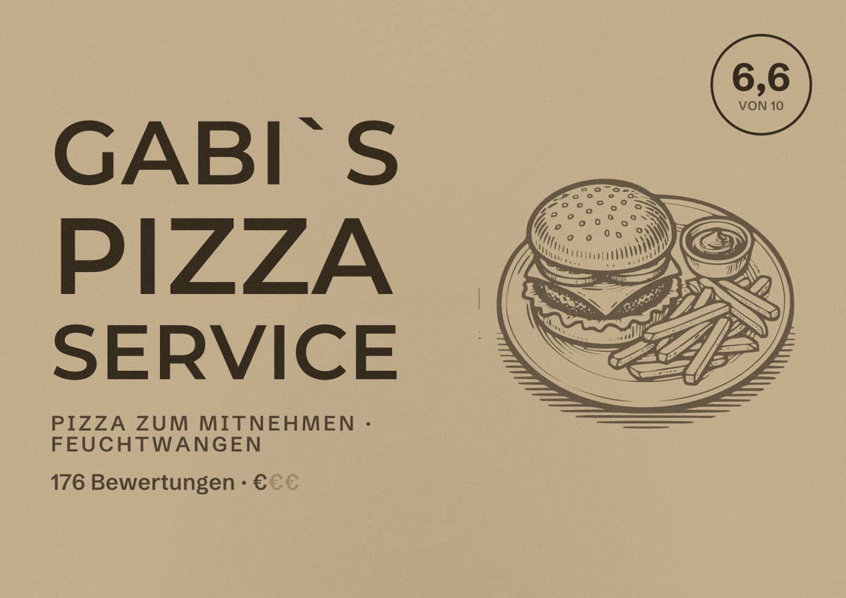 Illustriertes Poster von Gabi`s Pizza Service, Pizza zum Mitnehmen in Feuchtwangen: Bewertung 6,6 von 10 aus 176 Bewertungen, Preisniveau €