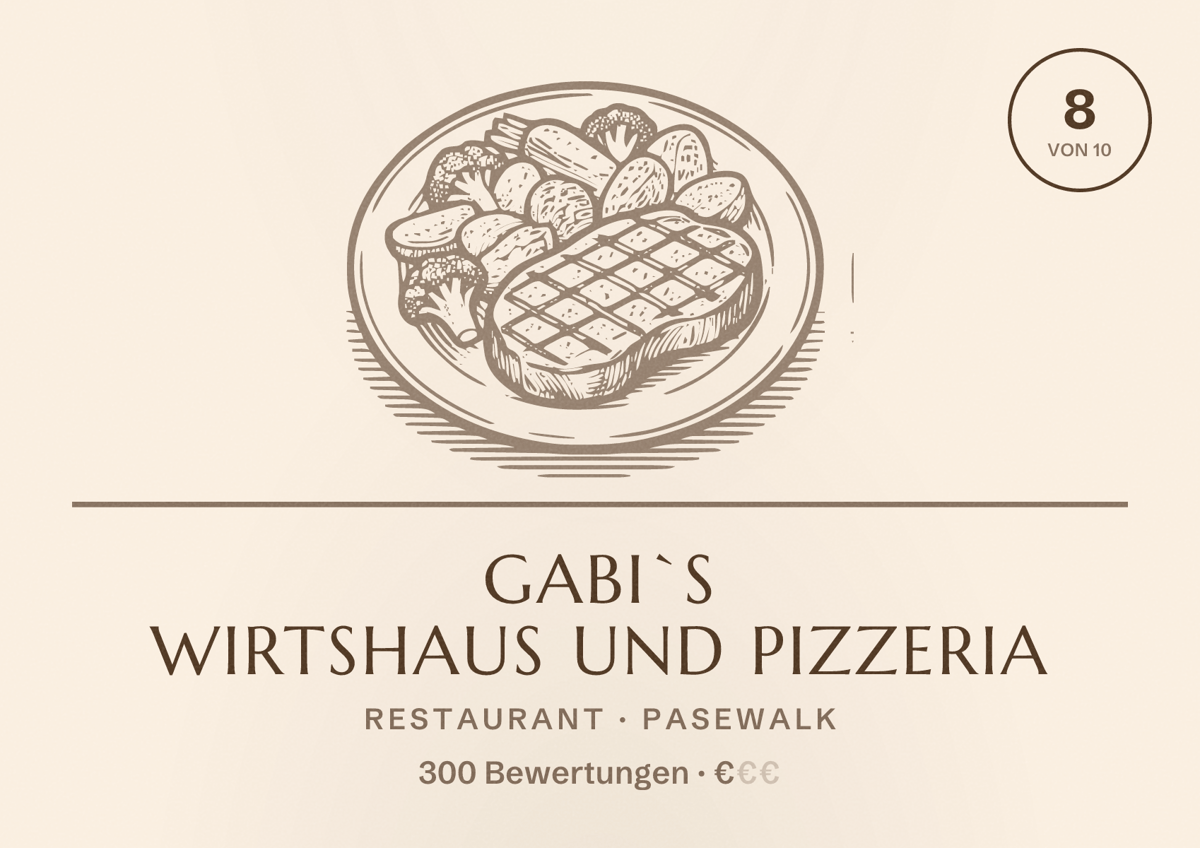 Illustriertes Poster von Gabi`s Wirtshaus und Pizzeria, Restaurant in Pasewalk: Bewertung 8 von 10 aus 300 Bewertungen, Preisniveau €