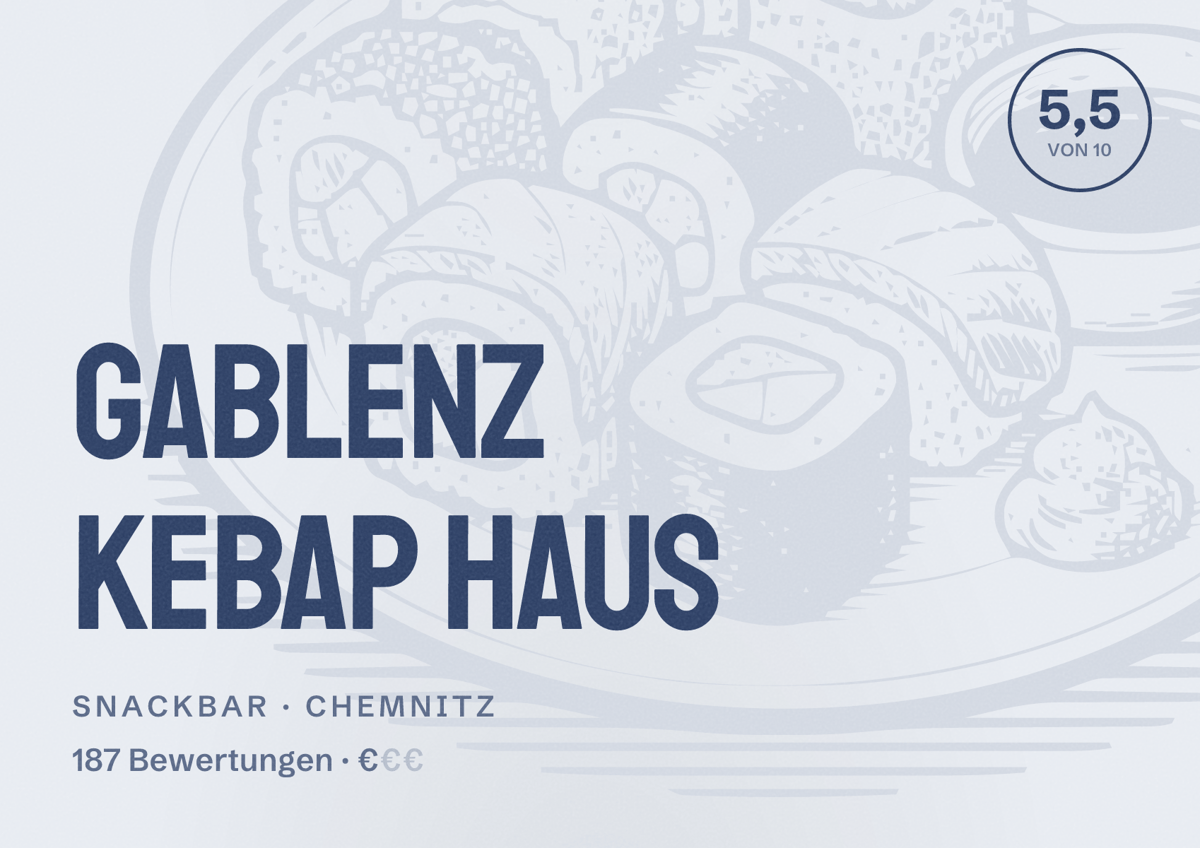 Illustriertes Poster von Gablenz Kebap Haus, Snackbar in Chemnitz: Bewertung 5,5 von 10 aus 187 Bewertungen, Preisniveau €