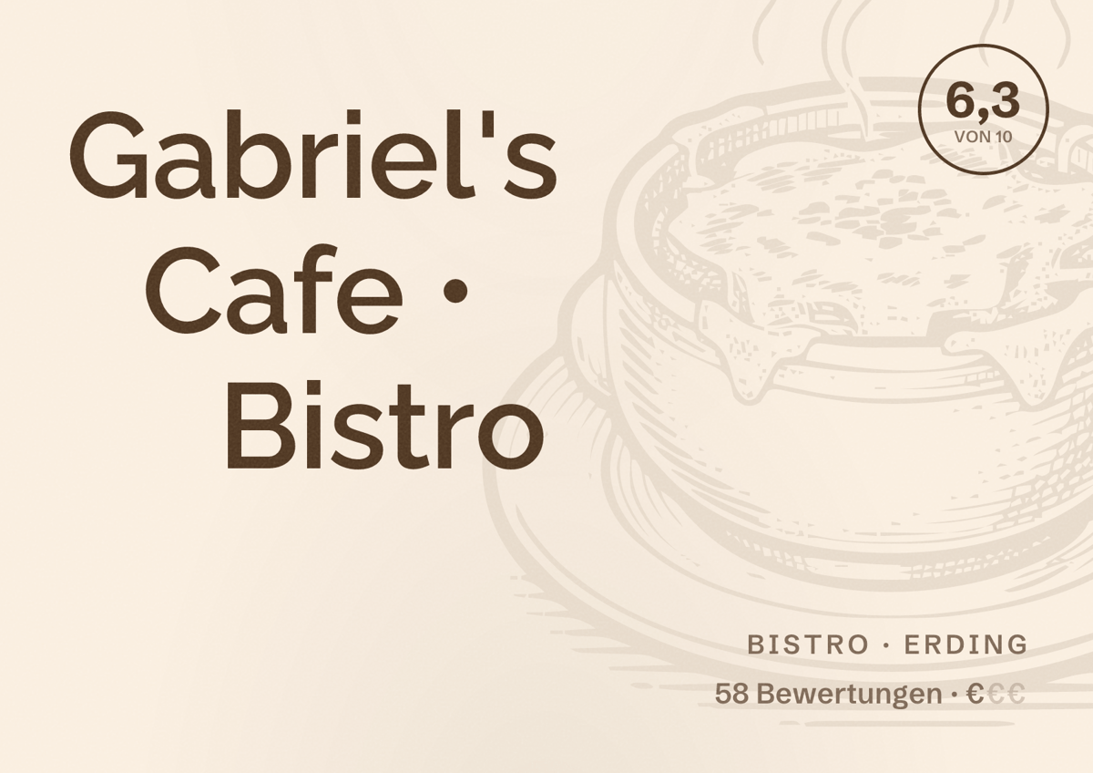 Illustriertes Poster von Gabriel's Cafe • Bistro, Bistro in Erding: Bewertung 6,3 von 10 aus 58 Bewertungen, Preisniveau €