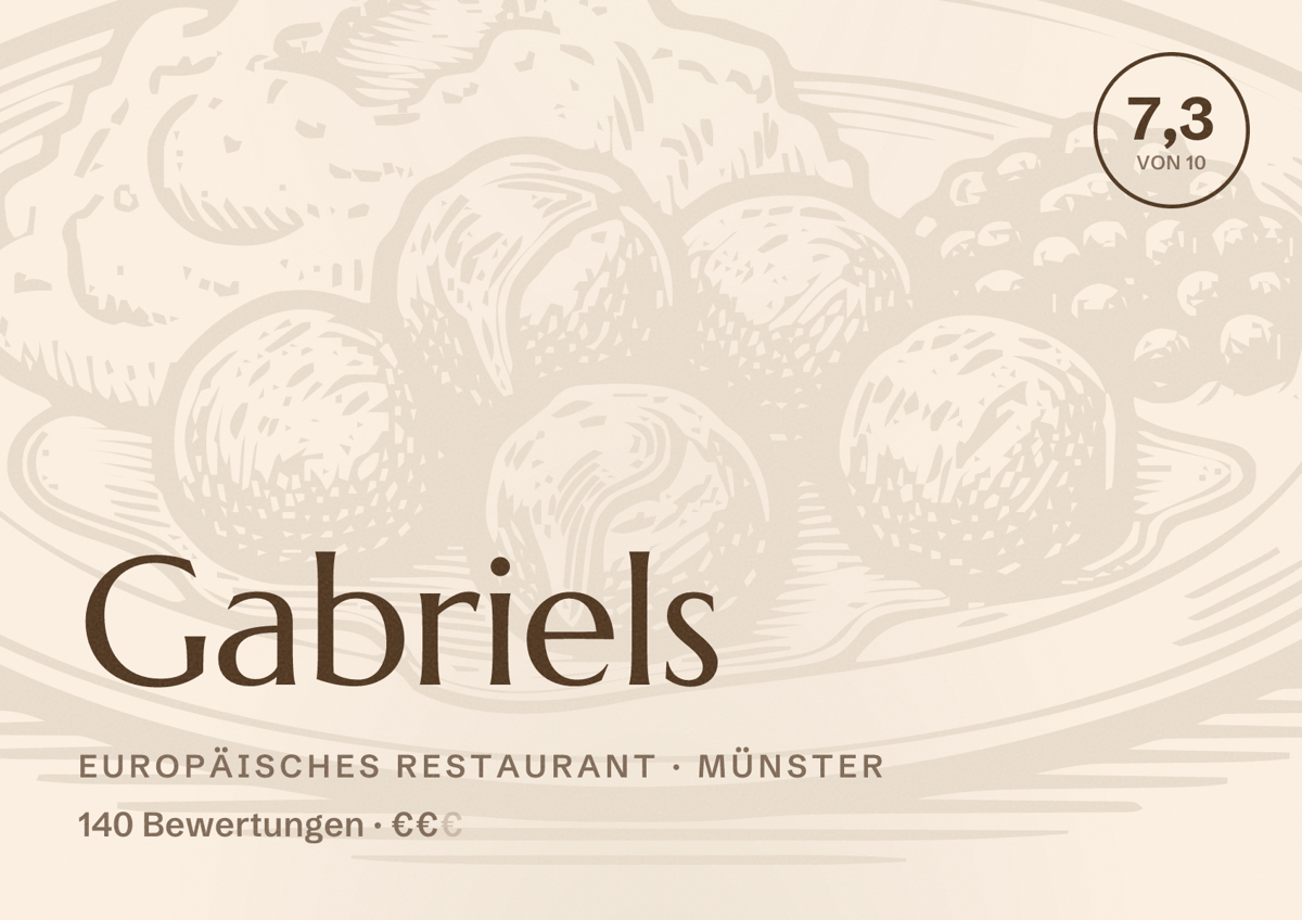 Illustriertes Poster von Gabriels, Europäisches Restaurant in Münster: Bewertung 7,3 von 10 aus 140 Bewertungen, Preisniveau €€