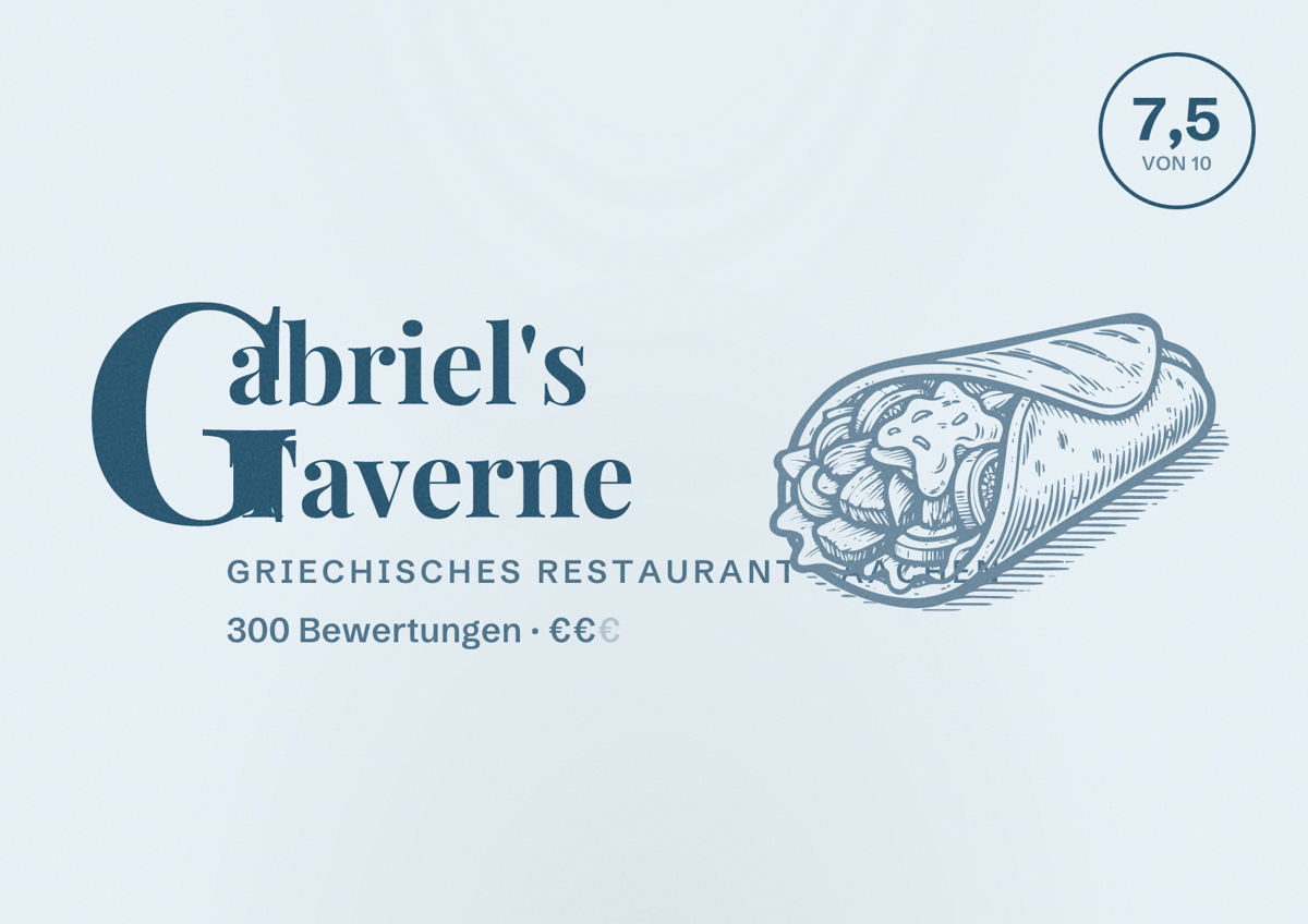 Illustriertes Poster von Gabriel's Taverne, Griechisches Restaurant in Aachen: Bewertung 7,5 von 10 aus 300 Bewertungen, Preisniveau €€