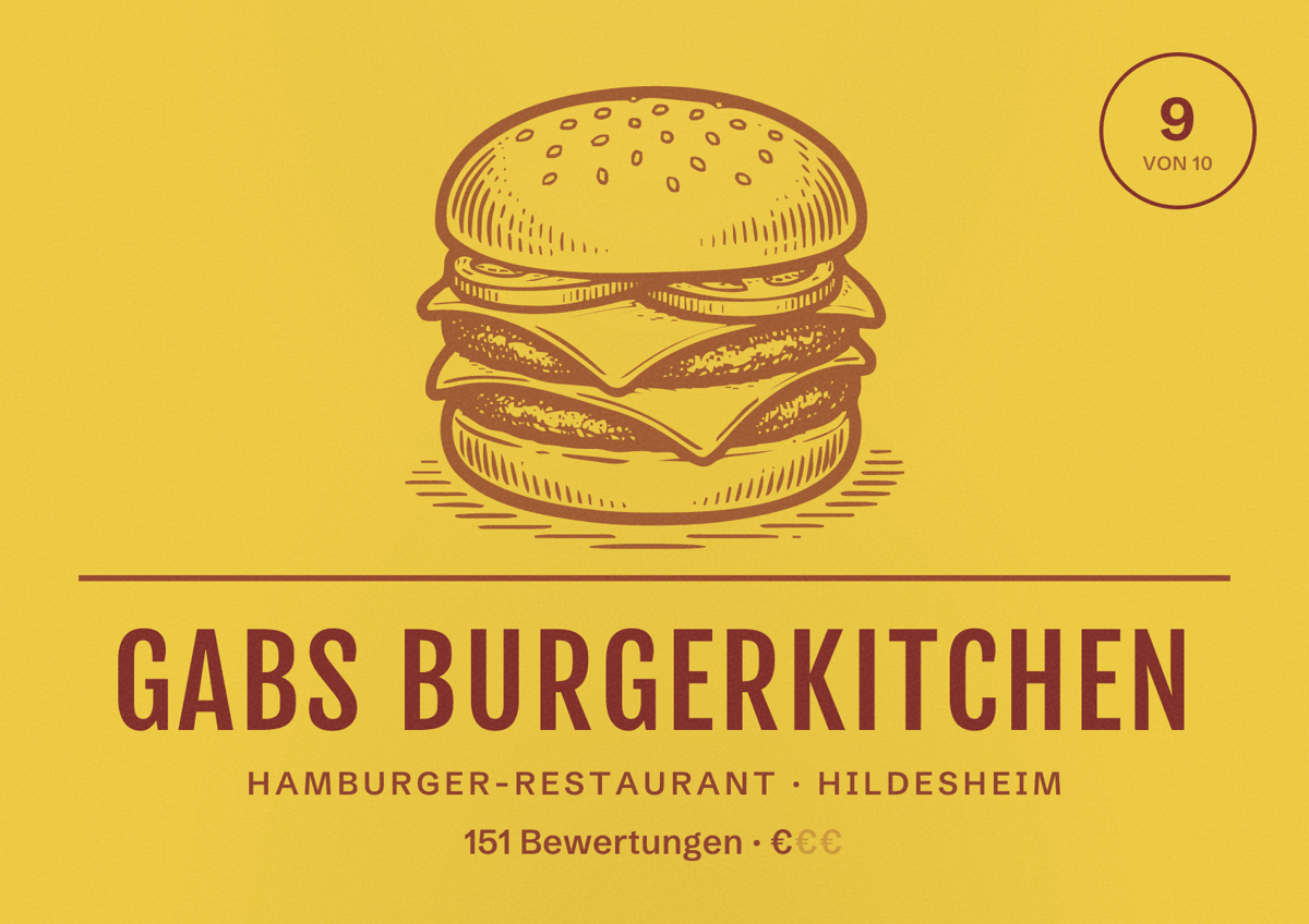 Illustriertes Poster von Gabs Burgerkitchen, Hamburger-Restaurant in Hildesheim: Bewertung 9 von 10 aus 151 Bewertungen, Preisniveau €