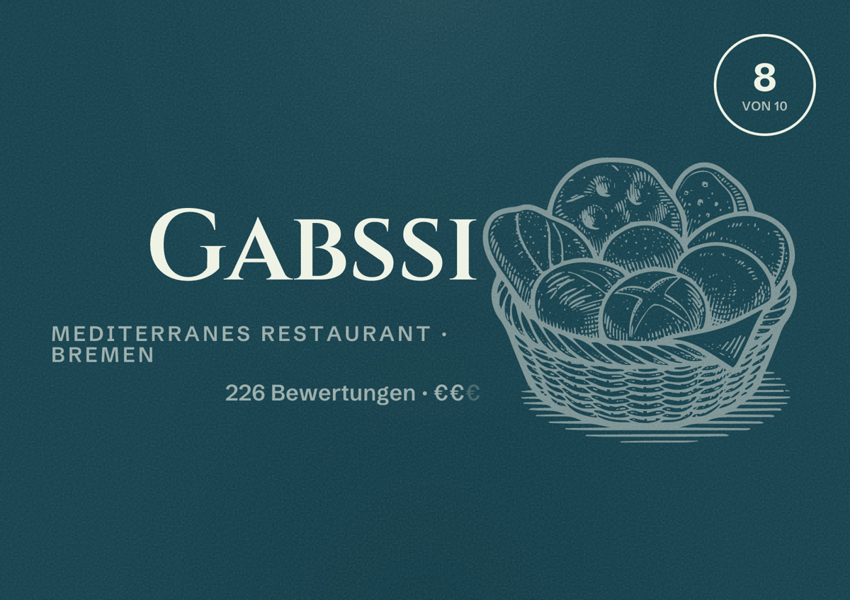 Illustriertes Poster von Gabssi, Mediterranes Restaurant in Bremen: Bewertung 8 von 10 aus 226 Bewertungen, Preisniveau €€