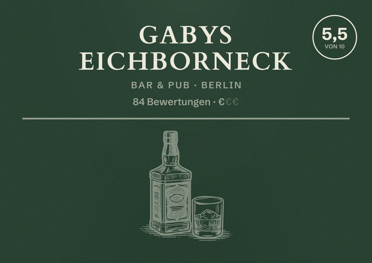 Illustriertes Poster von Gabys Eichborneck, Bar & Pub in Berlin: Bewertung 5,5 von 10 aus 84 Bewertungen, Preisniveau €