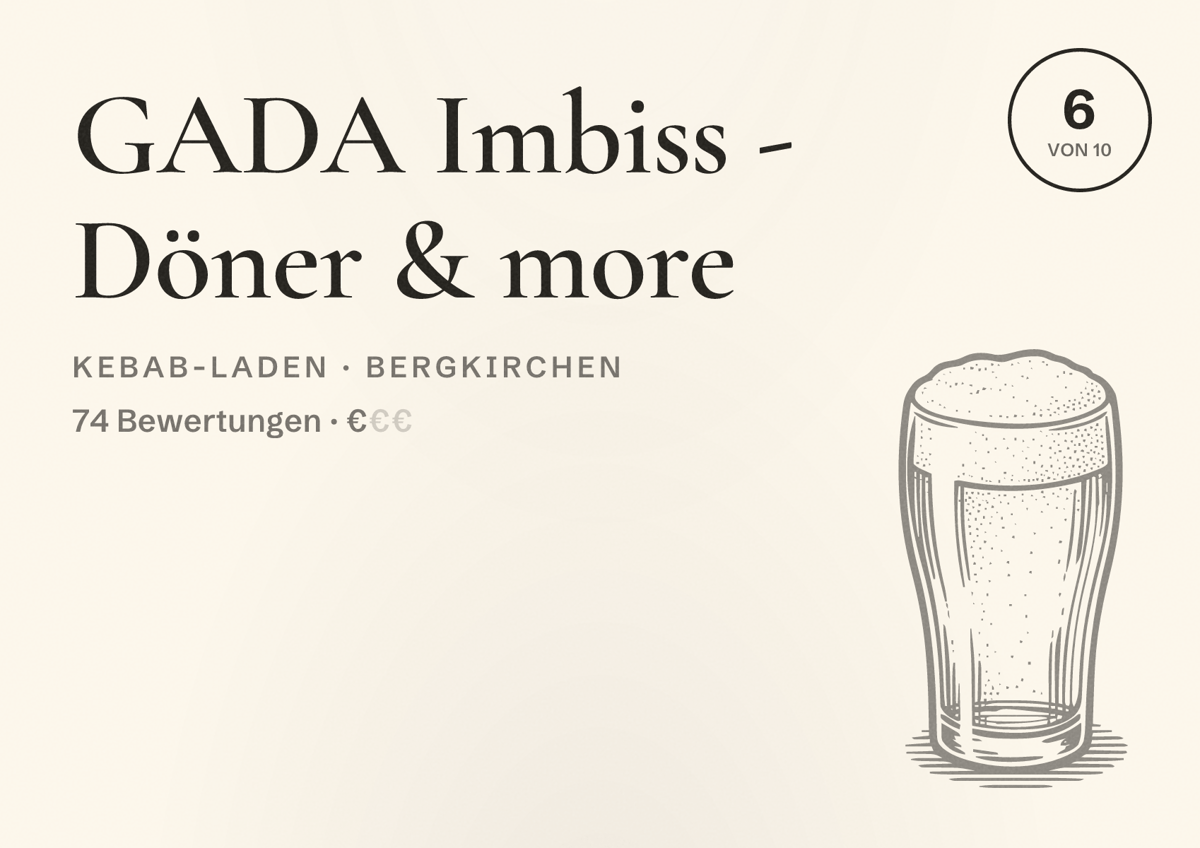 Illustriertes Poster von GADA Imbiss - Döner & more, Kebab-Laden in Bergkirchen: Bewertung 6 von 10 aus 74 Bewertungen, Preisniveau €