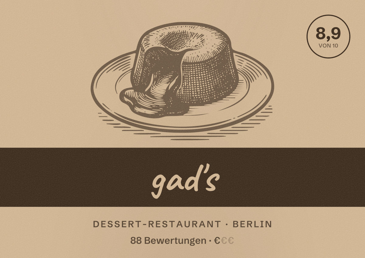 Illustriertes Poster von gad's, Dessert-Restaurant in Berlin: Bewertung 8,9 von 10 aus 88 Bewertungen, Preisniveau €
