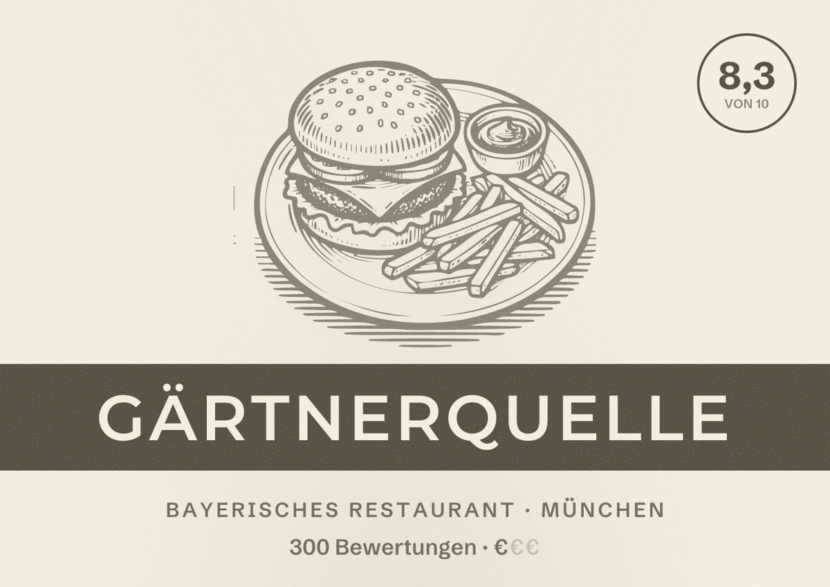 Illustriertes Poster von Gärtnerquelle, Bayerisches Restaurant in München: Bewertung 8,3 von 10 aus 300 Bewertungen, Preisniveau €