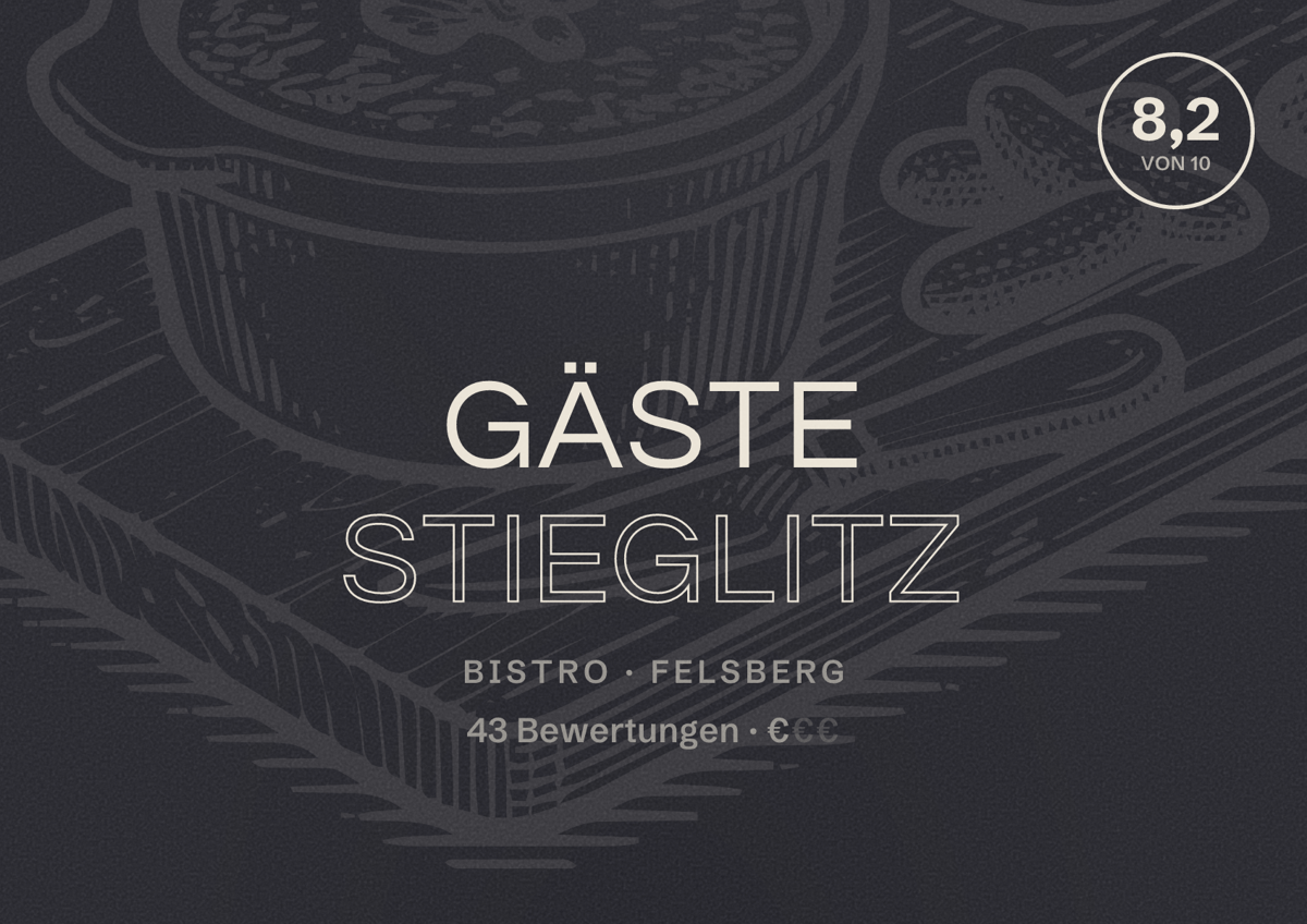 Illustriertes Poster von Gäste Stieglitz, Bistro in Felsberg: Bewertung 8,2 von 10 aus 43 Bewertungen, Preisniveau €